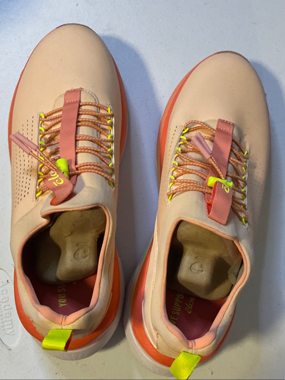 Shoes 9 - Men's Peach Pink Athletic Sneakers with Neon Yellow Accents